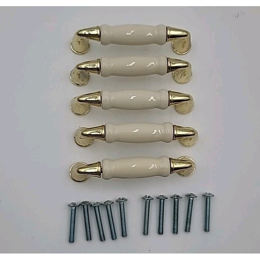 VTG 5pc Brass Beige‎ Ceramic Cabinet Handles Drawer Pulls 3"on Center Gold